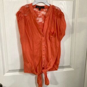 Almost Famous Orange Puff Sleeve Blouse with Tie Front